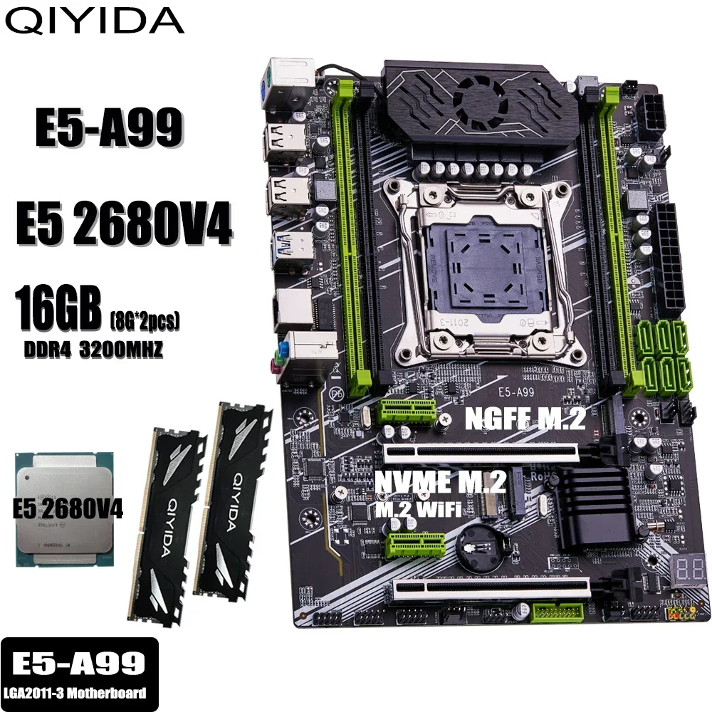 Комплект материнской платы QIYIDA X99 xeon LGA2011-3 E5 2680 V4 2*8 ГБ = 16 3200 МГц 4 канала DDR4 SATA 3.0 nvme