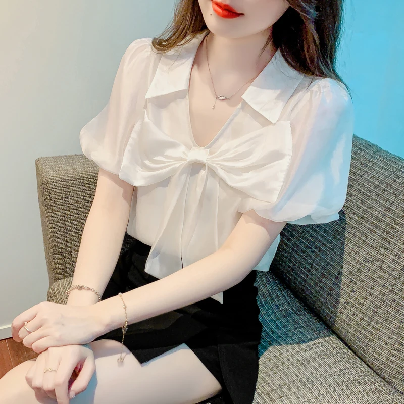 

2023 Summer Tops For Women Elegant Bowknot Chiffon Shirt Sweet Thin Short Sleeve Pullovers Blouse