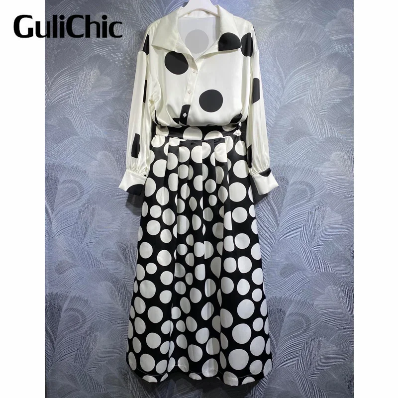 

Женский костюм в горошек GuliChic 9,21 года, ассиметричный дизайн, однобортная рубашка + свободная большая юбка с высокой талией