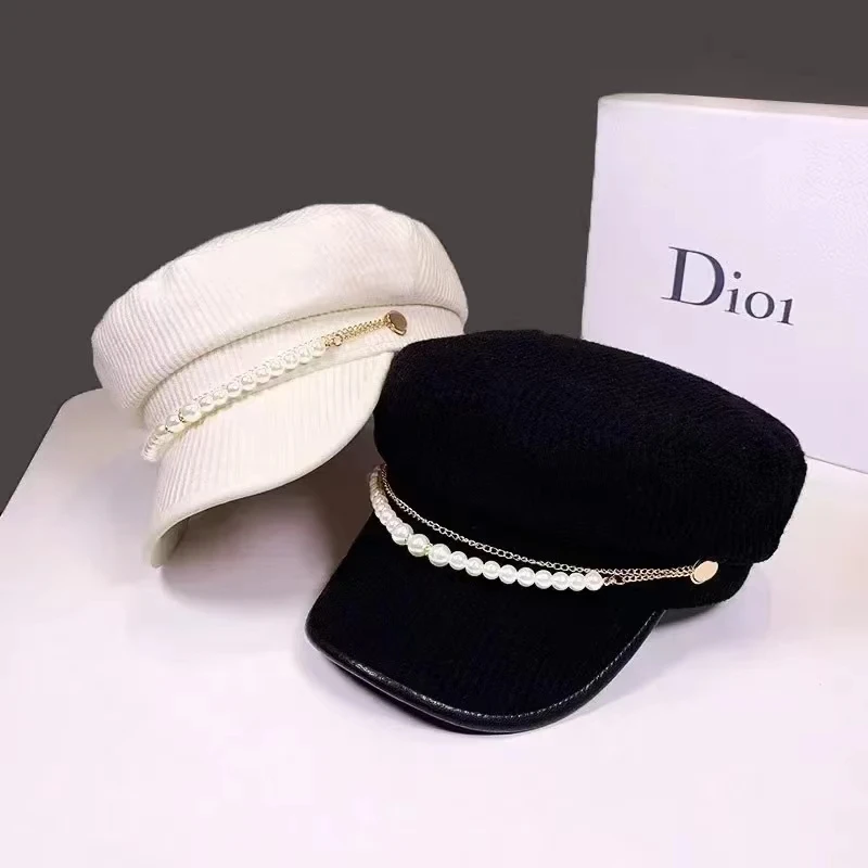 Кепка-берет Женская с жемчужной цепочкой Модный берет тёмно-синего цвета