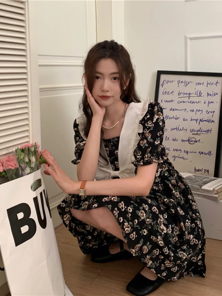 

2022 New Summer Paris Elegant Girly French Print Stitching Navy Collar Dress Black Floral Bow Temperament A-line Mini Dress Lace