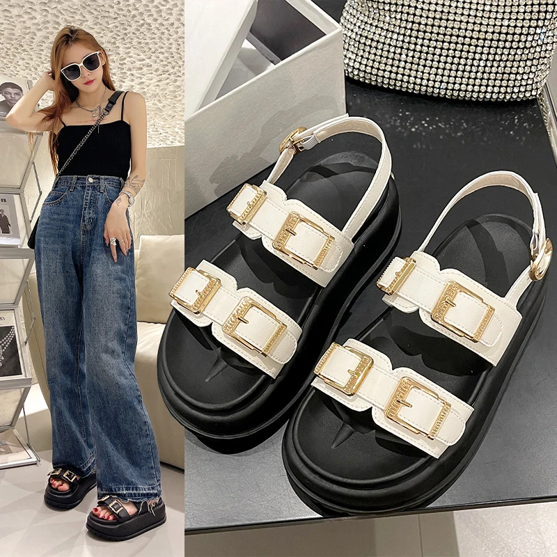 

2023 Summer Gladiator Sandals Women Buckle Metal Decoration with Open Toe Thick Soled Roman Flats Sandalias Mujer Casual Shoes