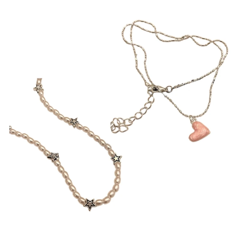 

E0BF Star Heart Charm Necklace Simple Y2K Pearl Chain Choker Statement Jewelry