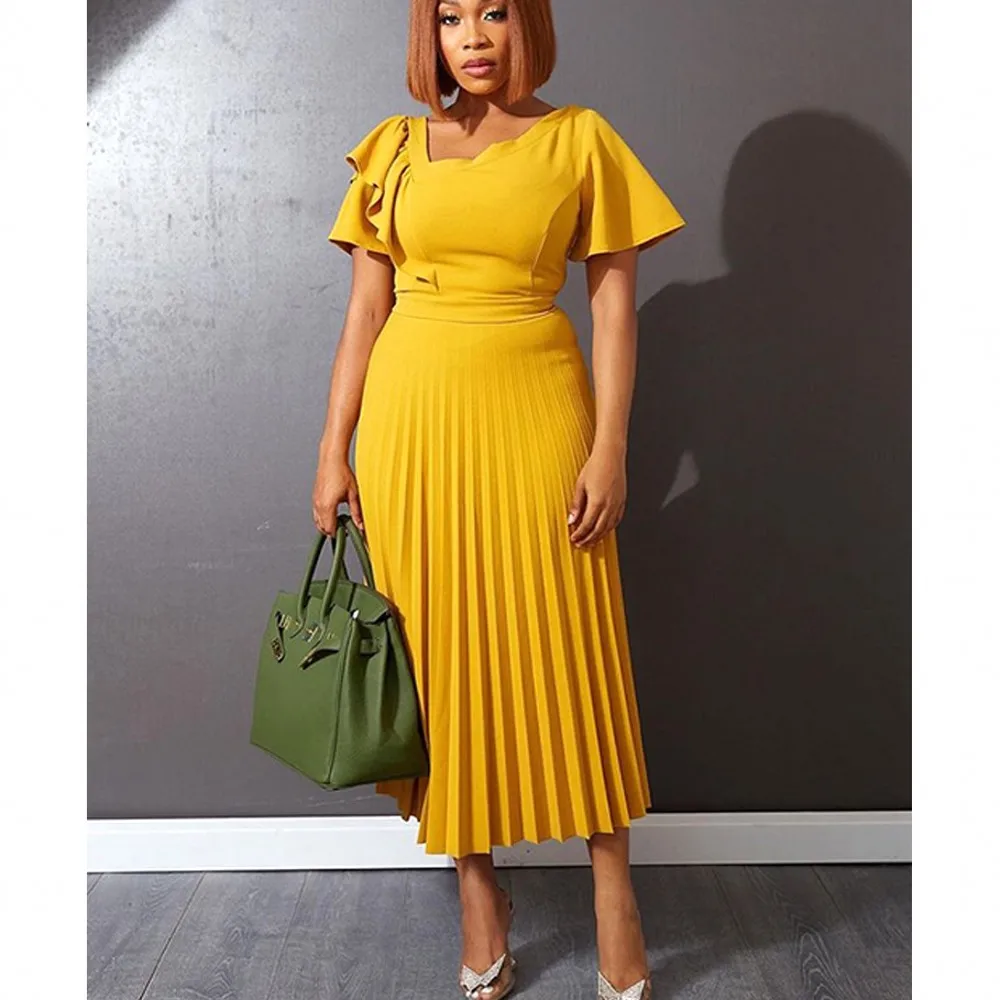 

Африканские платья для женщин, офисная одежда, плиссированное платье с коротким рукавом и оборками, скромные стильные женские элегантные п...