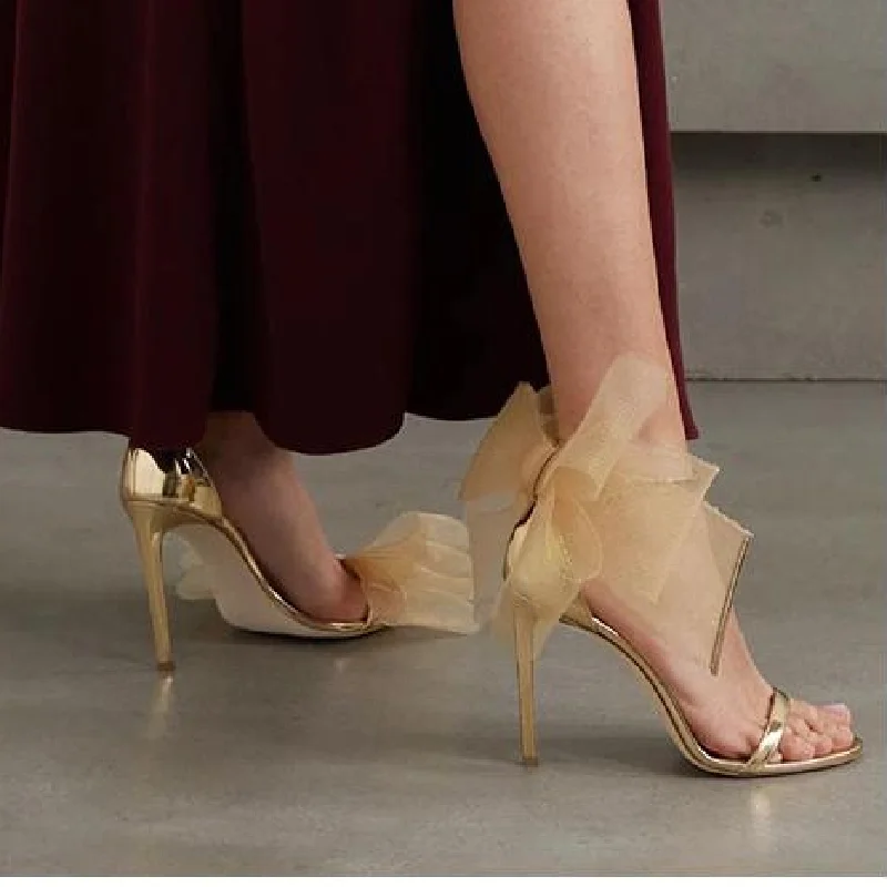 

Butterfly Mesh Heels Designer Women Shoes Bowties Sandals Buckle Open Toe Lady Wedding Stiletto Asymmetric Pumps Chaussure Femme