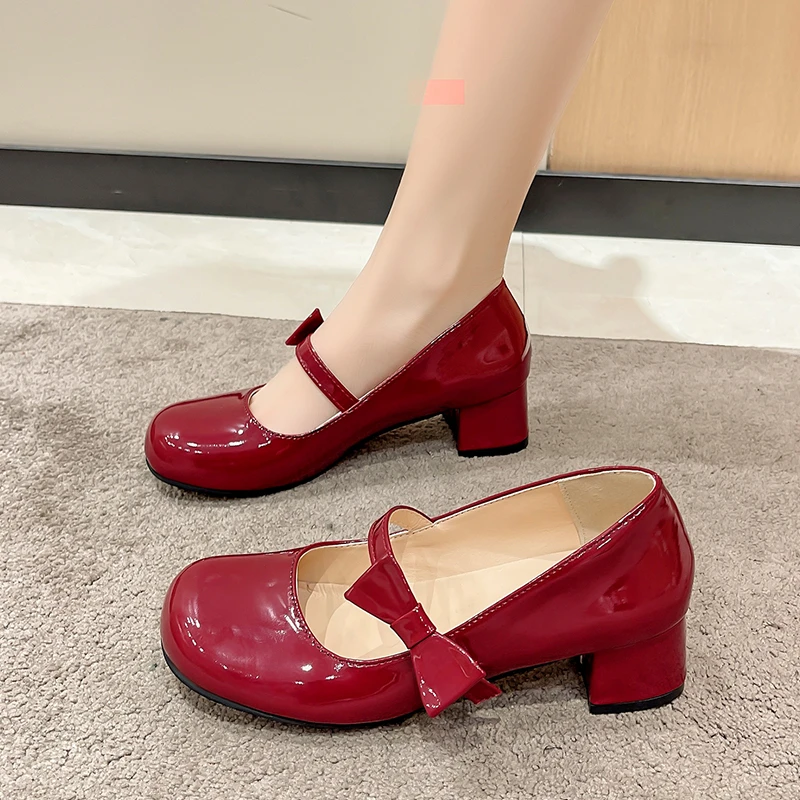 

Fashion Women Shoes Mary Janes Pumps Patent Leather Thick Heel Pumps Buckle Round Toe Female Footwear Pink Red Sandalias Mujer