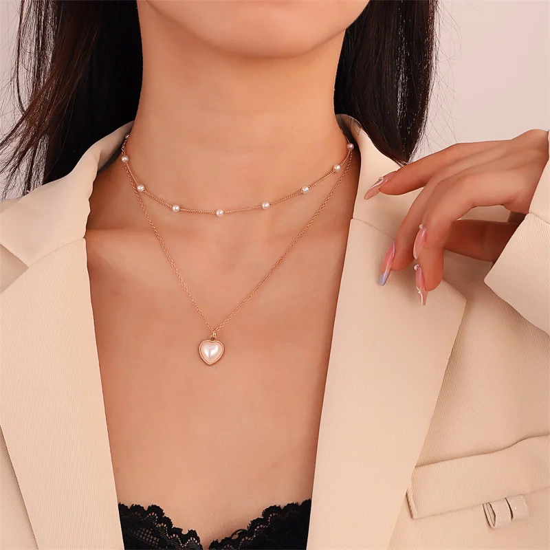 

Винтажные двухслойные жемчужные ожерелья для женщин, кулон в виде сердца, цепочка для ключицы, колье, эстетическое ювелирное изделие, 2022 mujer