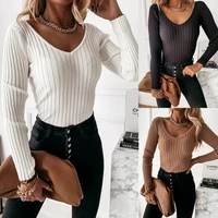 2022 autumn and winter simple solid color long sleeved v neck womens pit strip top women v neck y2k tops t shirt women