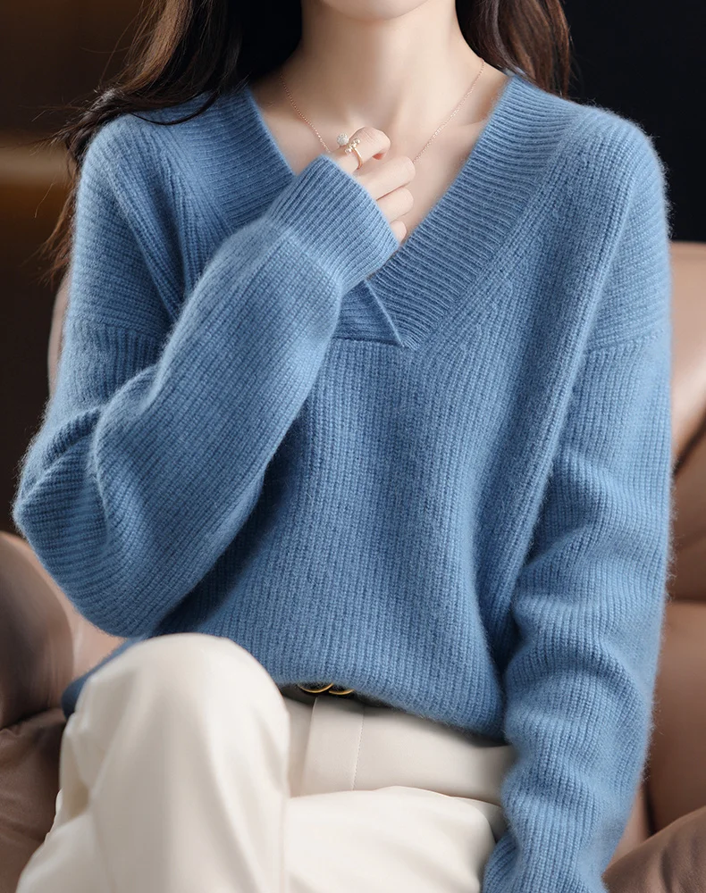 

Зимний женский элегантный свободный свитер Abrini с длинными рукавами, однотонный вязаный свитер с V-образным вырезом, утепленные кашемировые Джемперы для женщин