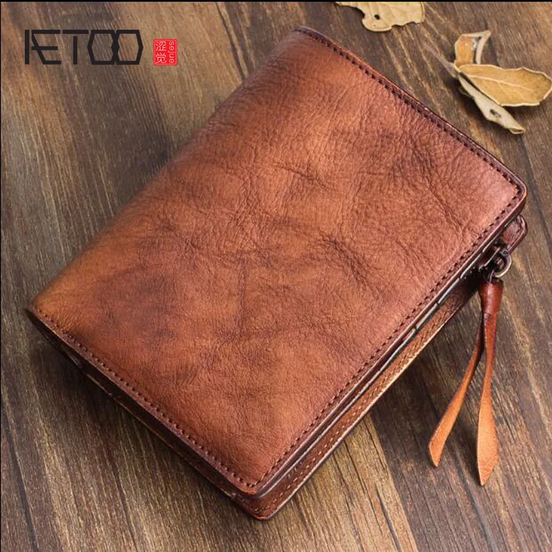 

AETOO Handmade wallet men short vertical section soft leather men wallet young women vegetable tanned leather Vintage wallet