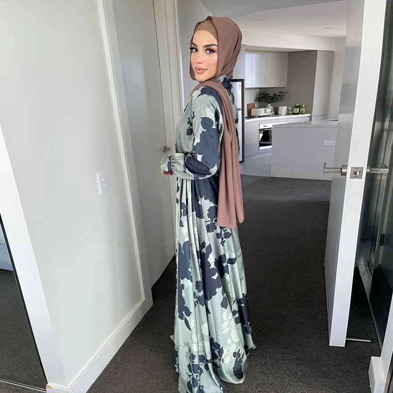 Eid Ramadan Malaysia Muslim Dubai Dress Women 2022 Maxi Long Sleeve Print Abaya With Belt Traditional Arabic Moroccan Lady Dress