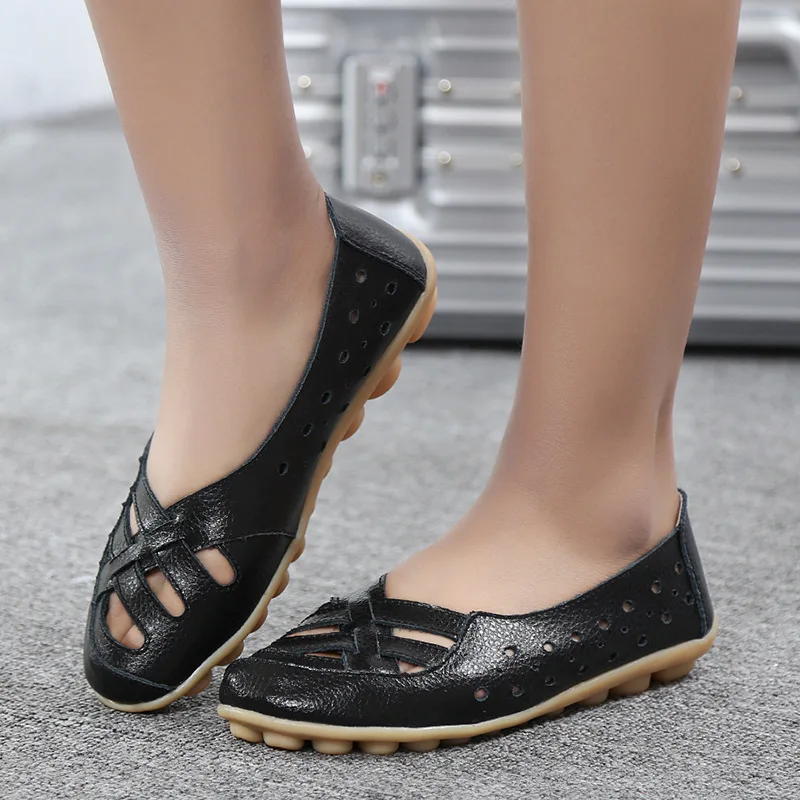 Ladies Shoes 2023 Plus Size 35-44 Summer Cut Out Women Genuine Leather Woman Ballet Flats Casual Sandals Women Loafers Gift Shoe