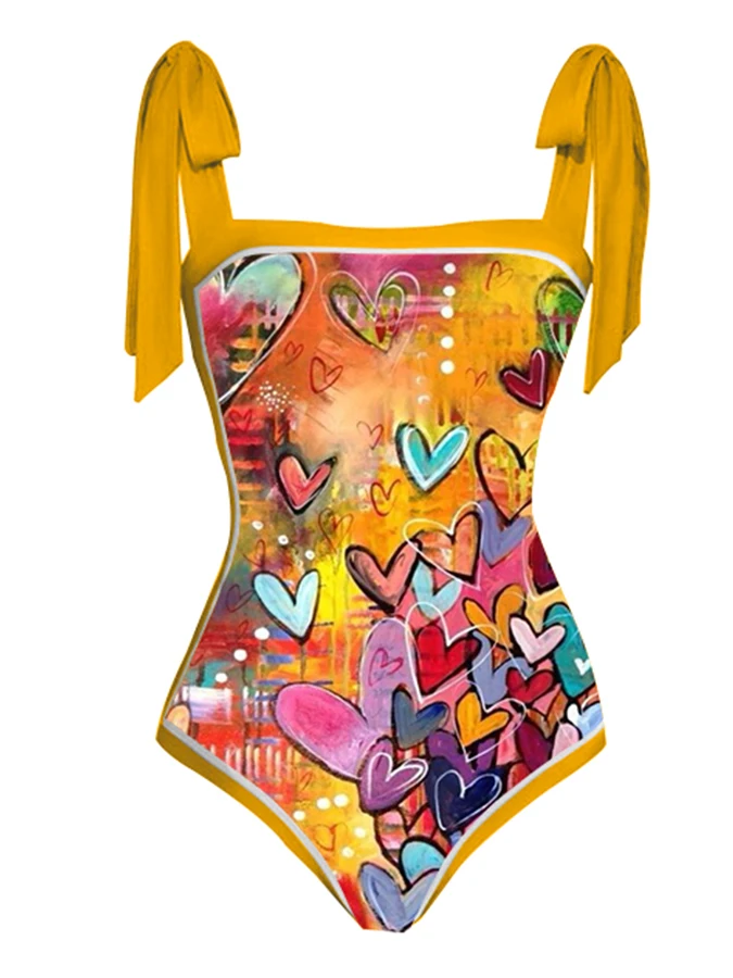 

Fashion Colorblock Heart Print One Piece Swimsuit Set