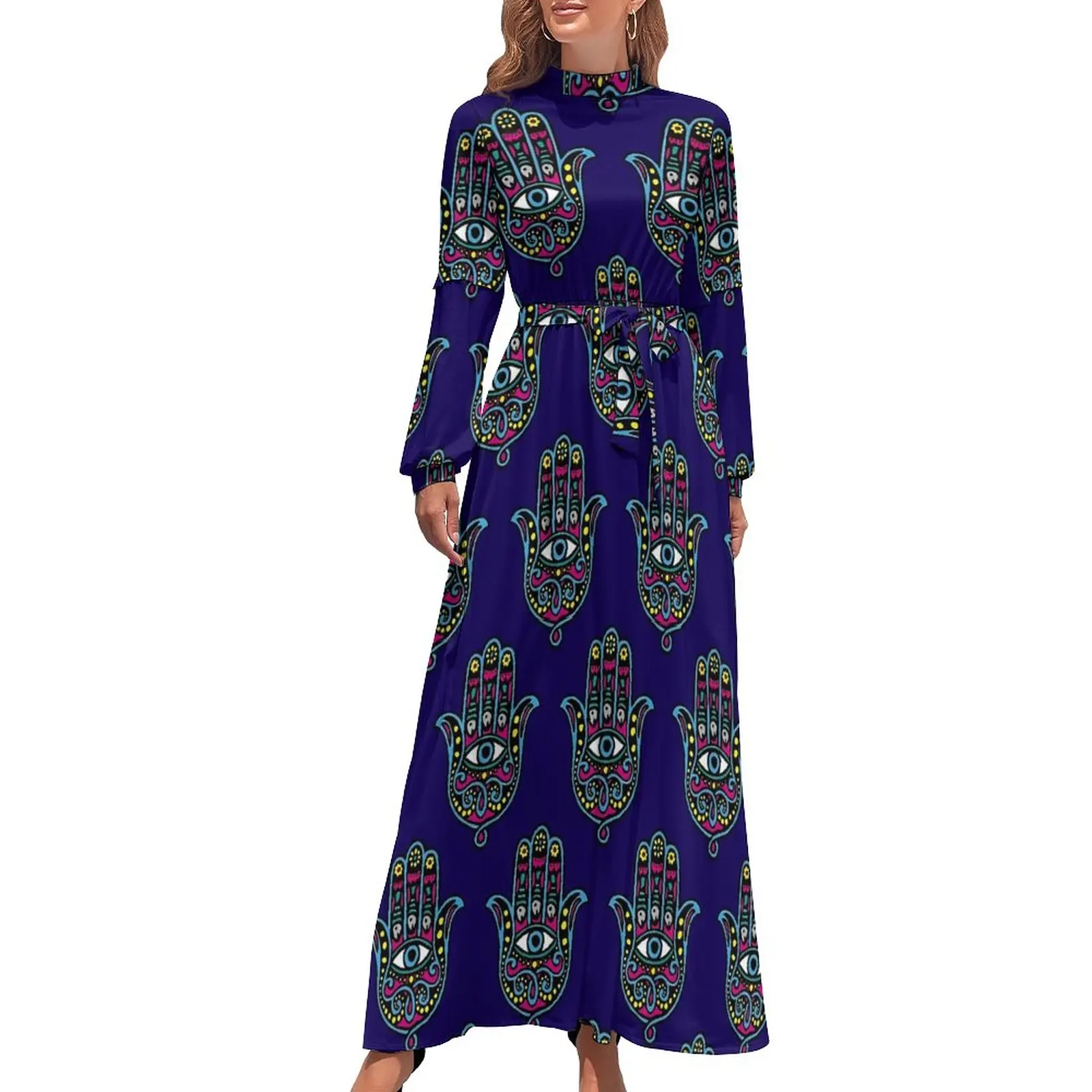 

Hamsa Hand Print Dress Long Sleeve Hand of Fatima Trendy Maxi Dress High Waist Aesthetic Graphic Boho Beach Long Dresses Present