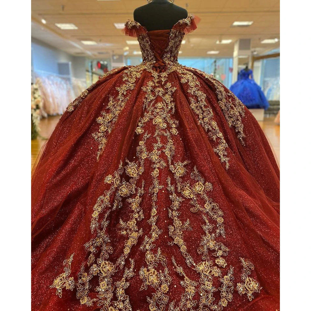 

Haute Couture Dark Red Ruffles Off The Shoulder Ball Gown Quinceanera Dresses With Gold Appliques Lace Pearls Corset