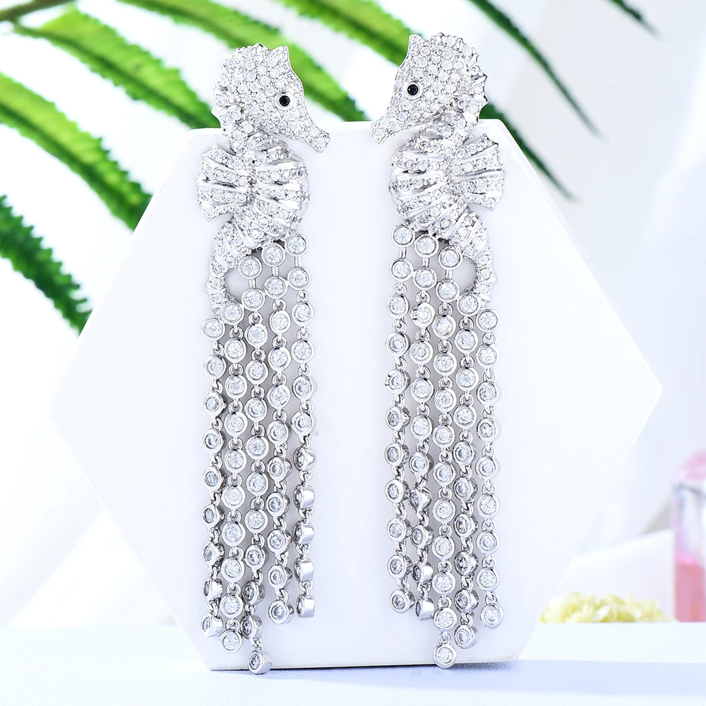 

Siscathyy Fashion Gorgeous Tassel Hanging Earrings For Women Hippocampus Cubic Zircon Earring Wedding Party Anniversary Jewelry