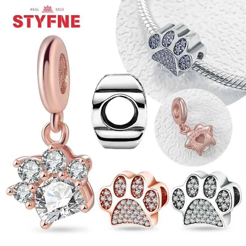 925 Серебряные животные кошки собаки лапы белые и розовые золотые подвески бусины