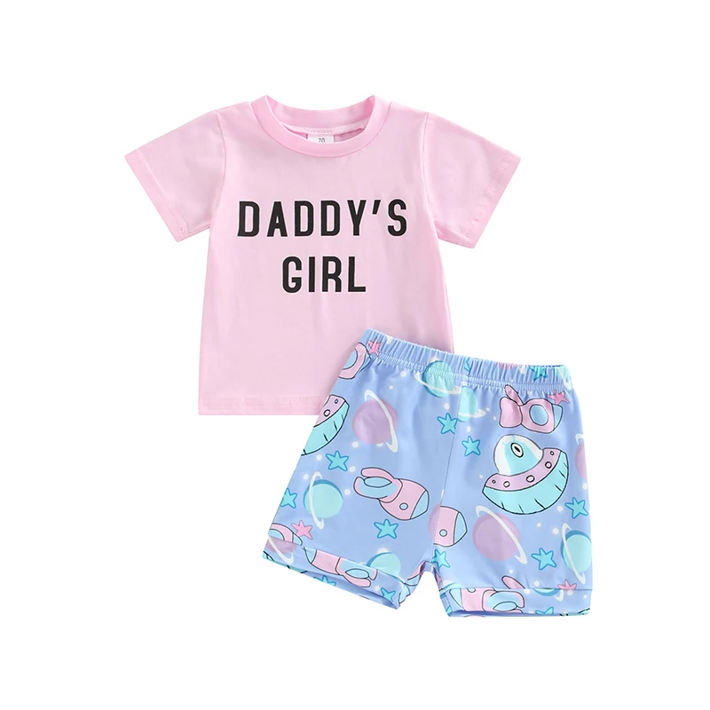 

Летний комплект из двух предметов для маленьких девочек, топ с коротким рукавом и буквенным принтом + шорты с героями мультфильмов, комплект...