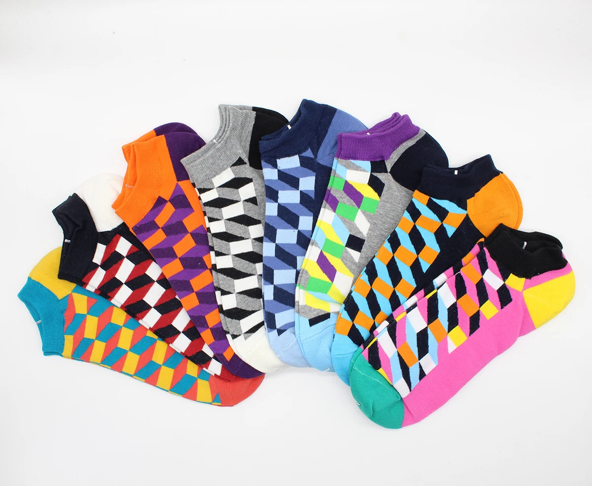 New Style Fashion Colorfull Cotton Socks Grid Design Boat Socks Spring and Summer Short Socks Geometric Lattice Cotton Socks