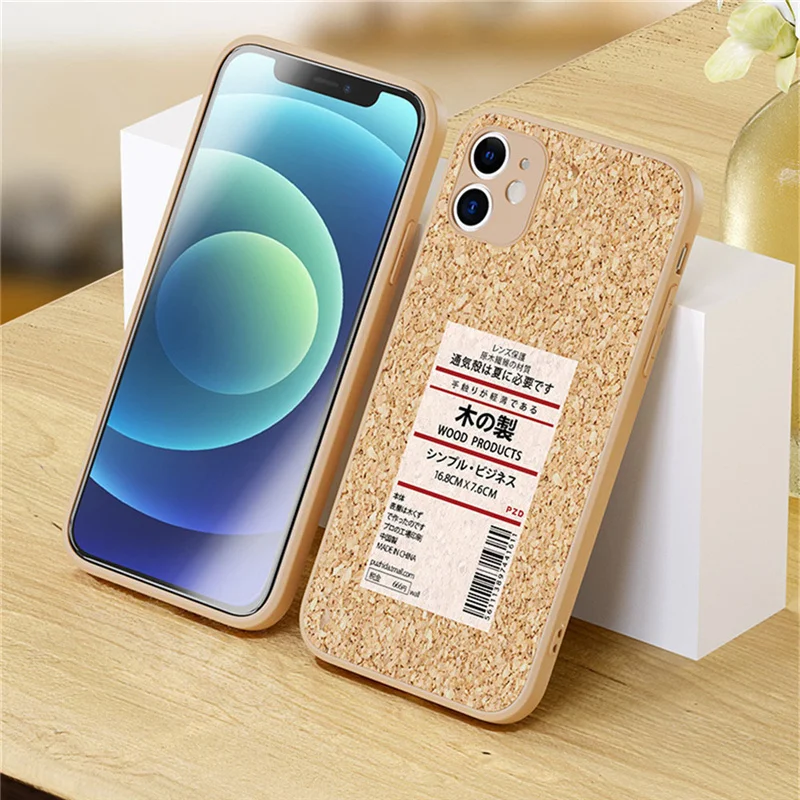 

MiFuny Iphone 13 Case Iphone 14 Pro Max Case Japanese Wood Grain Label Phone Case Soft Cork Fiber Cooling Couple Protector Cover