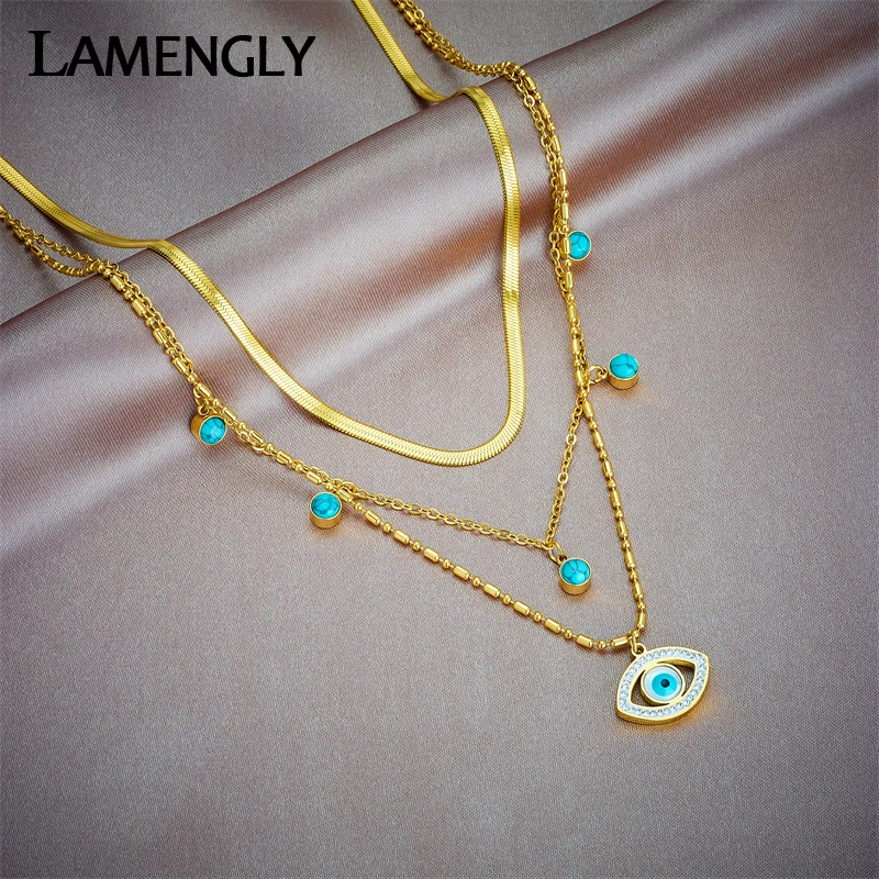 

LAMENGLY 316L Stainless Steel Multilayer Eye Pendant Necklace For Women Girl New Trend Lady Chains Choker Jewelry Gift Bijoux