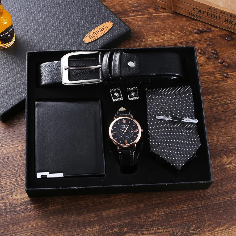 

Top Men's Watch Gift Set with Box Leather Belt Wallet Tie Cufflinks Birthday Business Gifts Set for Men Boyfriend Father Husband
