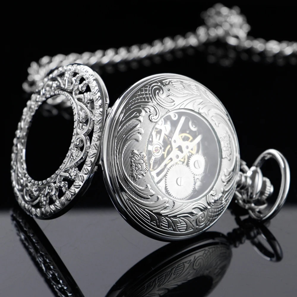 Silver Carved Hollow Mechanical Men's Watch Double Sided Roman Dial Clock Handwind Pocket Watch with FOB Chain Gift PJX1534