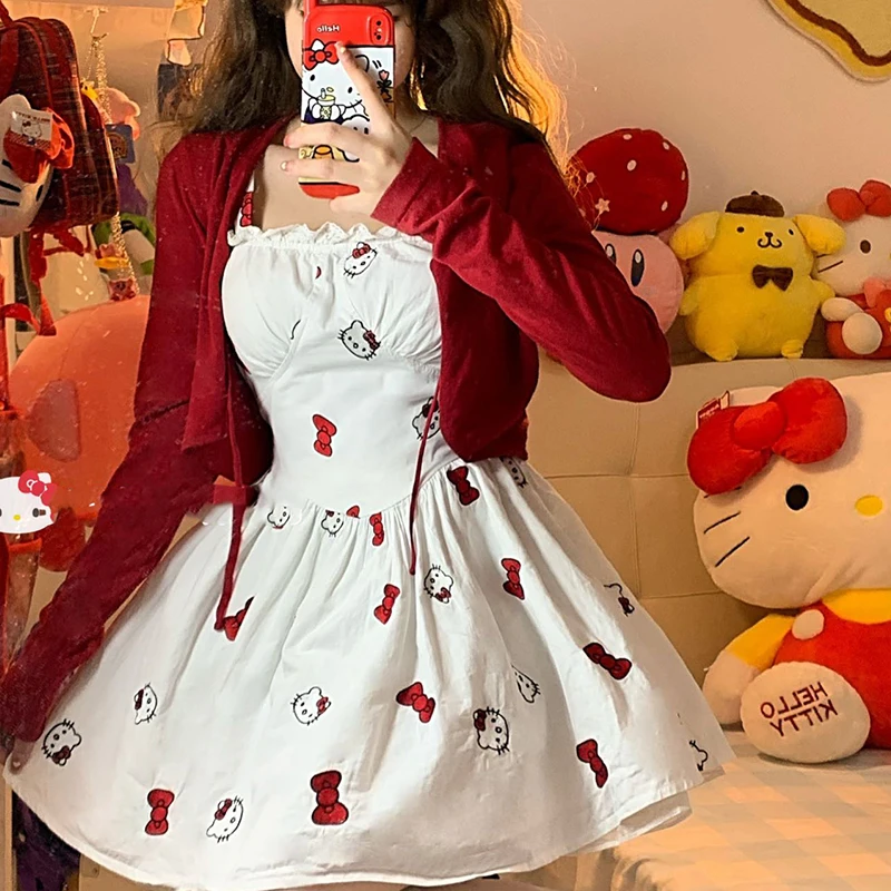 

Sanrios Hello Kitty Cartoon Cute Pure Desire Sweet and Spicy Y2K Hot Girl Style Age Reducing White Dress with Suspenders Girl