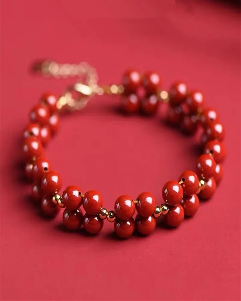 

Emperor Sand Vermilion Bracelet Women's Style Hand String Holiday Gift Bright Red Round Beads Hand String Double Layer Chain
