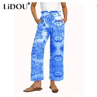 2022 summer hipster street style vintage personality print loose casual straight pants women elastic all match wide leg trouses