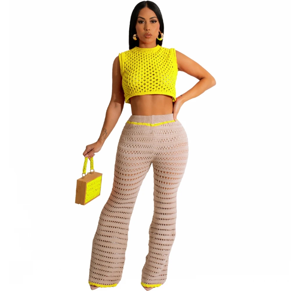 

Knit Ribbed Crochet Hole Beach Women's Set Tank Top And Wide Leg Pants Suits Two 2 Piece Set Outfits Tracksuit Dashiki African