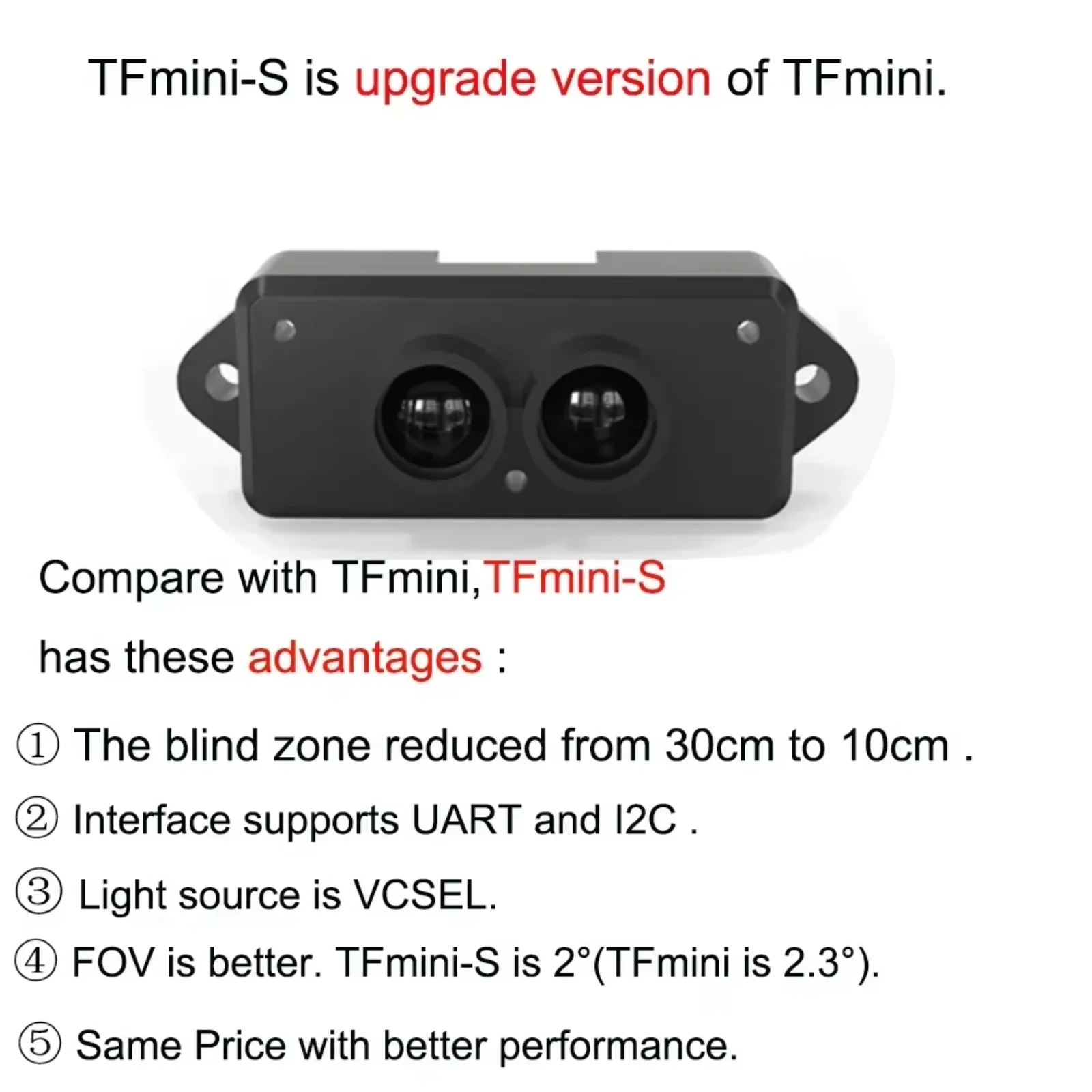 Фото 10 шт. датчиков расстояния Benewake TFmini-S Lidar (0,1-12 м) для дронов, роботов, БПЛА, точное измерение, интерфейсы UART/IIC №3