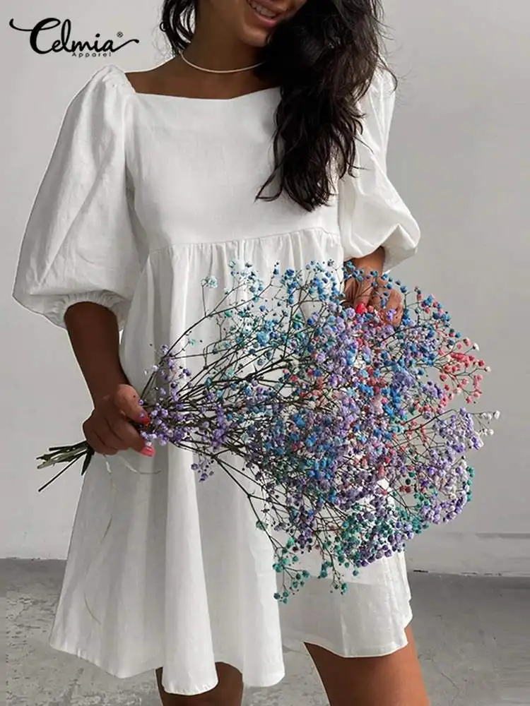 

2022 Celmia Women Streetwear Dress Fashion Square Collar Mini Sundress Summer Leisure Elegant Dress Sexy Puff Sleeve Short Robes