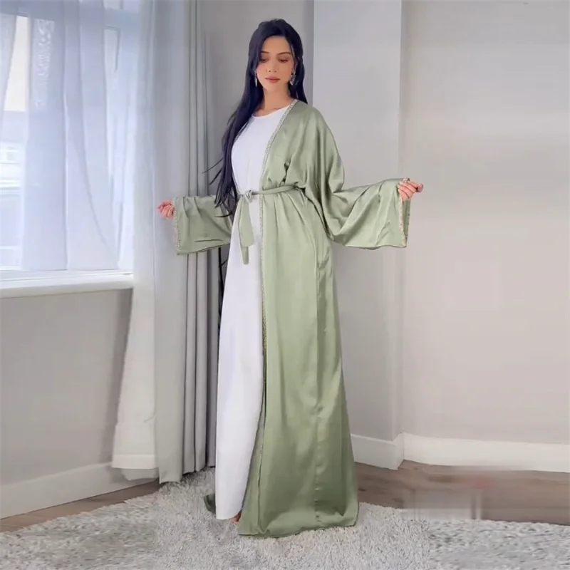 Two Pieces Kimono Abaya Set for Women Muslim Dubai Arab Solid Soft Satin Diamond Tape Trim Cardigan Robe and Vest Dress