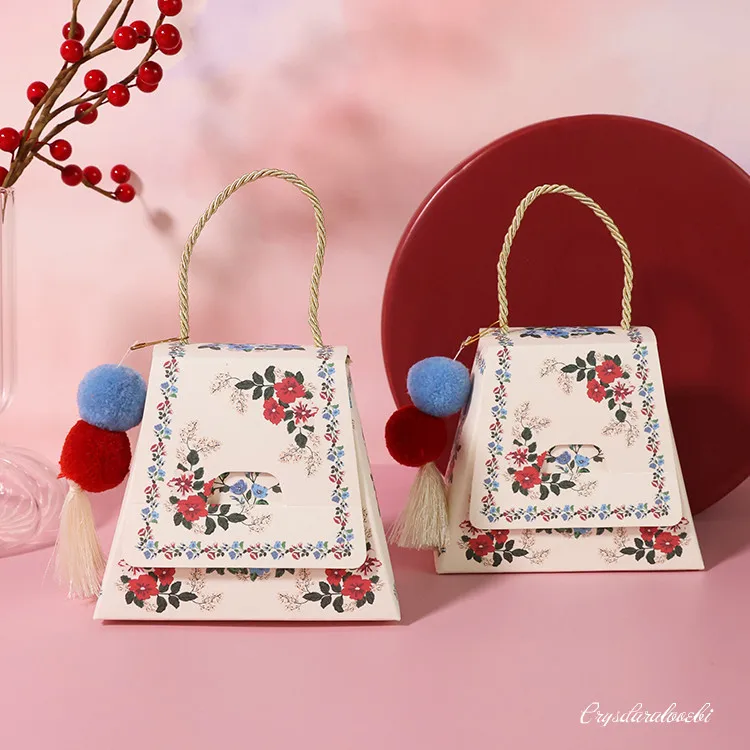 

10pcs Pastorable Floral Paper Gift Box with Handle Pom-pom Tassel for Bridal Shower Party Weddings Birthdays Goodie Paper Boxes