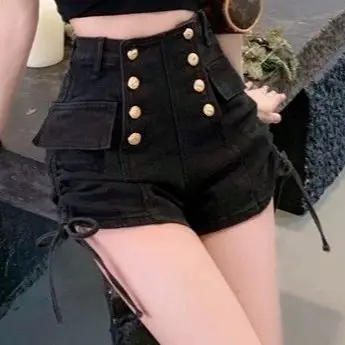 Women Double-breasted Drawstring Design Denim Sexy High Waist Shorts Jeans Korean Slim Shorts Feminino Summer 2023 New