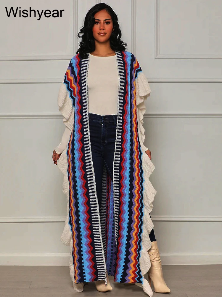 

Women Half Sleeve Open Side Split Sweater Shawl Coat Street Colorful Striped Ruffles Knitted Festival Birthday Long Cardigans
