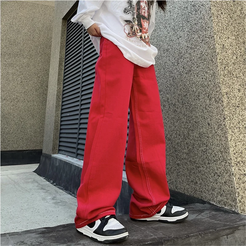 Streetwear Men 2022 Fashion New Pattern Vintage Recreational Red Jeans Loose Straight Cylinder Broad Leg Trousers Autumn Female