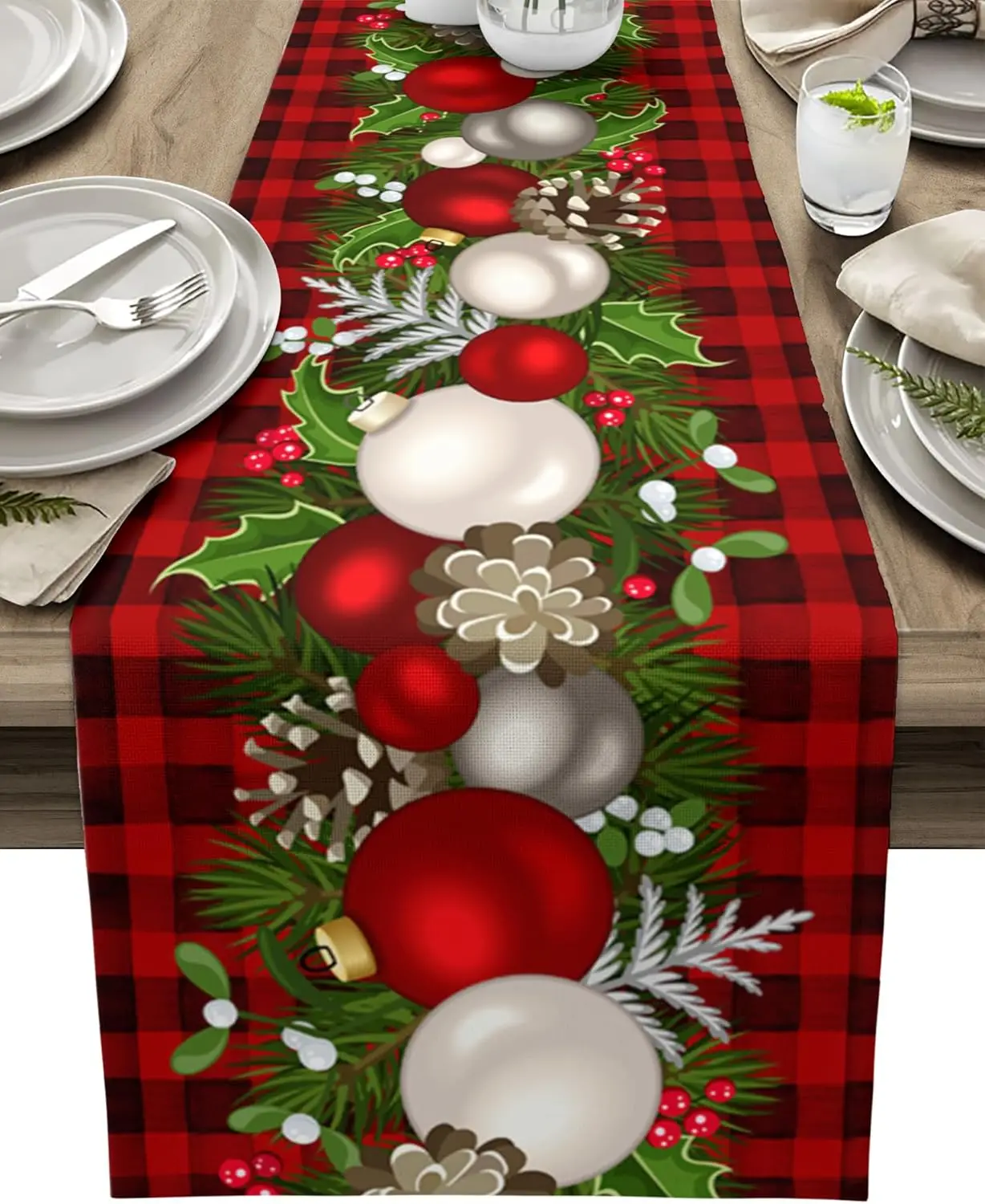 Рождественская сосновая игла ягода буйвол клетчатая льняная дорожка для стола