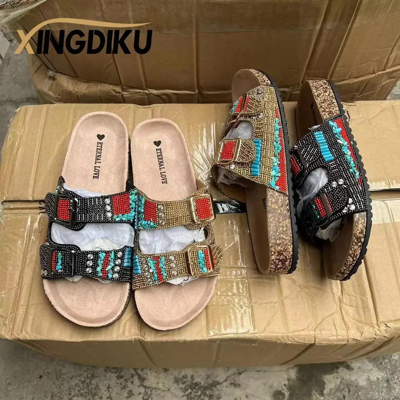 Женские туфли в стиле ретро с бусинами и блестками арабском римском пробковые