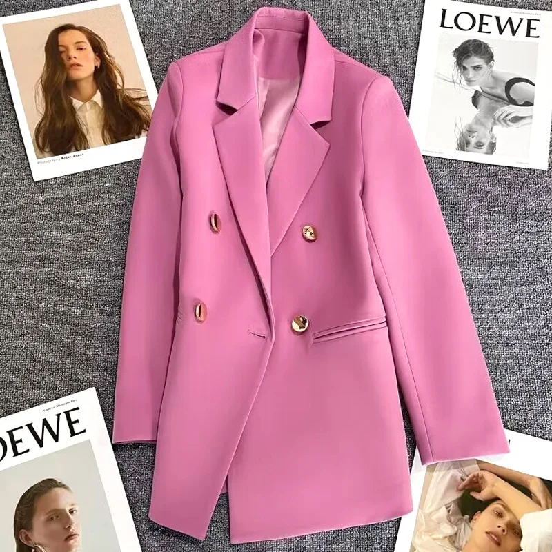 

Женский двубортный Блейзер, повседневный однотонный блейзер в британском стиле с металлическими пуговицами, свободные куртки с лацканами