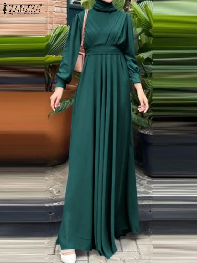 

ZANZEA Women Spring Muslim Fashion Dress Puff Sleeve O-Neck Solid Zipper Sundress Female Casual Holiday Party Turkey Long Robe