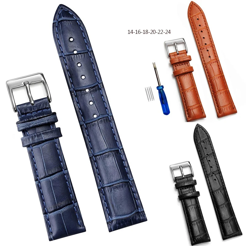 18mm Watch Band Genuine Leather Pink Watchband 20mm 22mm Steel Pin Buckle Blue Watch Strap 24mm Wrist Belt Watch Accessory+Tools
