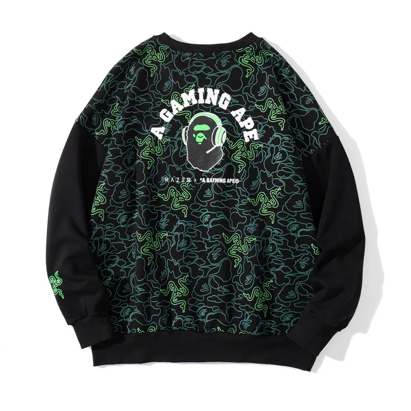 

Shark Bule Sweatshirt Casual Alphabet Cartoon Camouflage Print Round Neck Sweatshirt Harajuku Japanese Streetwear Men Clothing