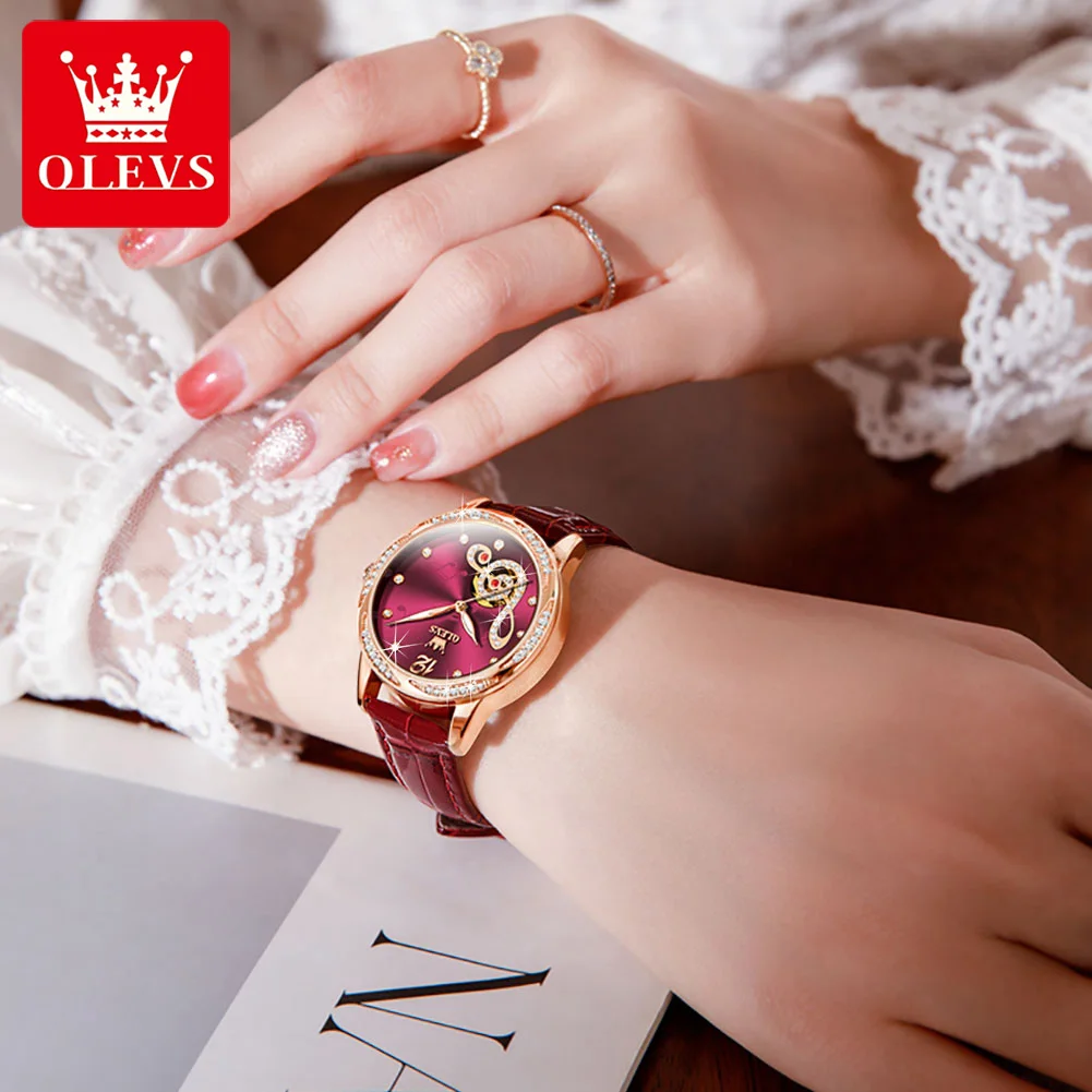 OLEVS Top Brand Luxury Women Watches Automatic Mechanical Leather Wristwatch Rhinestone Ladies Waterproof Clock Gift for Girl enlarge