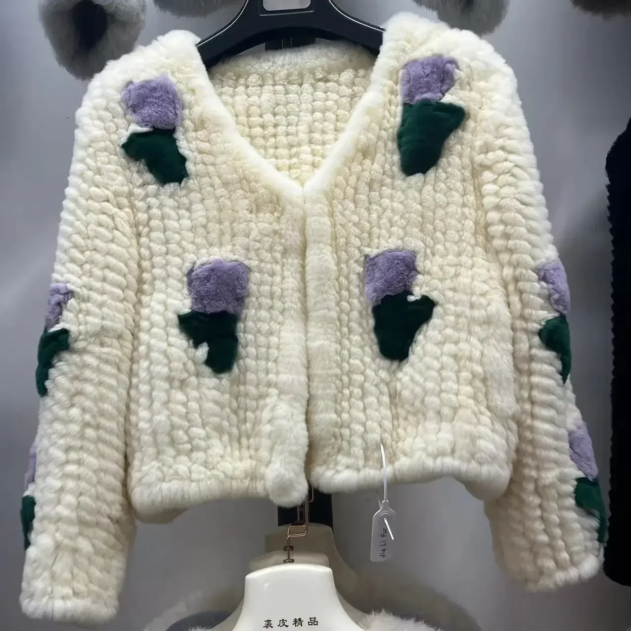 

Autumn Winter Women Real Fur Coat 100% Natural Rex Rabbit Fur Jacket Short Loose Floral Knitted Outerwear Fashion Streetwear