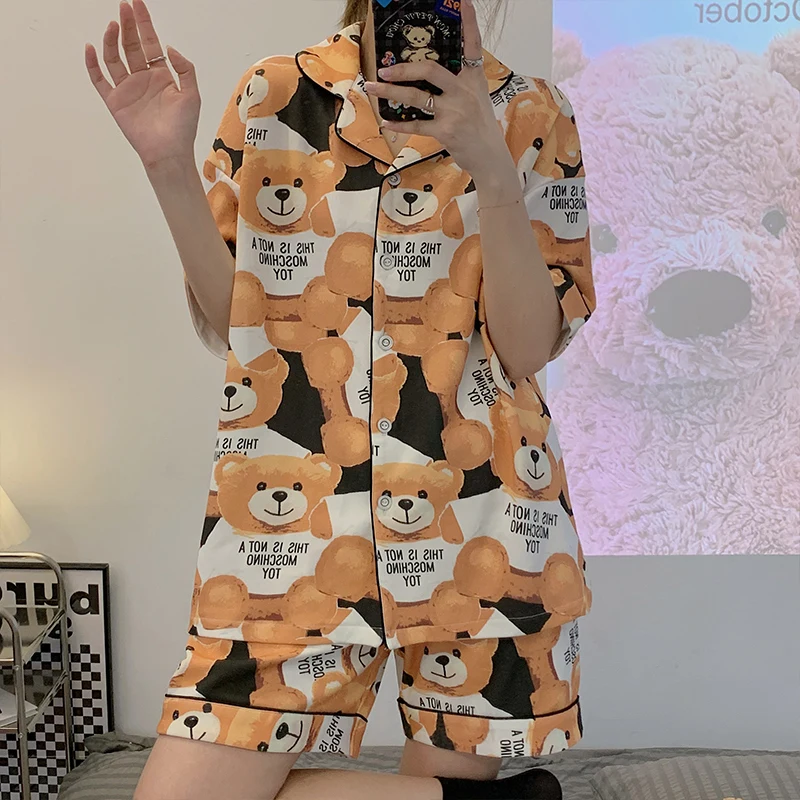 Plus Size Summer Pajamas Women Sleepwear Lapel Cotton Pajama Set Loose Version Nightgown