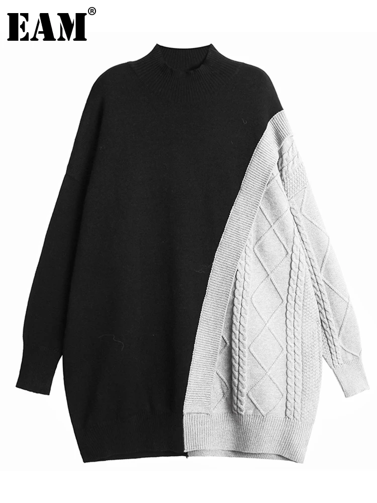 

[EAM] серый большой размер вязаный свитер свободный крой Водолазка с длинным рукавом женские пуловеры новая мода осень зима 2023 1DE4568