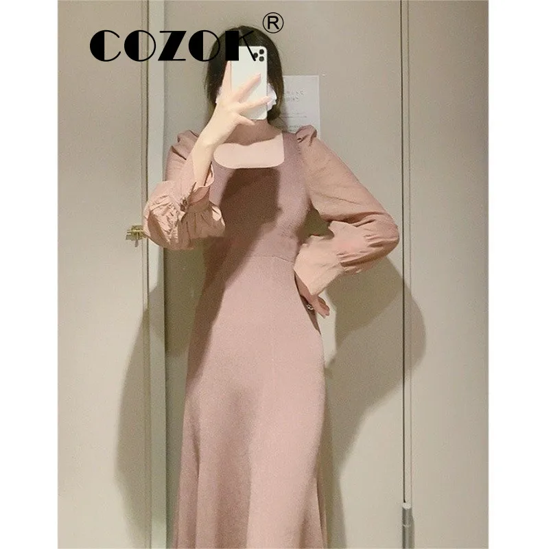 

Cozok Japanese Early Autumn New Vestidos Fashion Square Neck Slim Translucent Patchwork Puff Sleev 2022 Temperament Knit Dresses