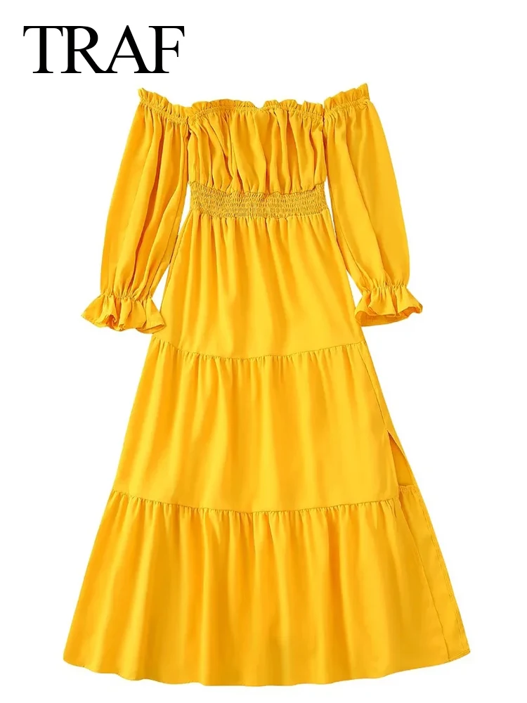 

TRAF Tube Top Fungus Edge Off-shoulder Dress Long Dress Solid Yellow Lantern Sleeves Tight Elastic Waist Stitching Slit Dress